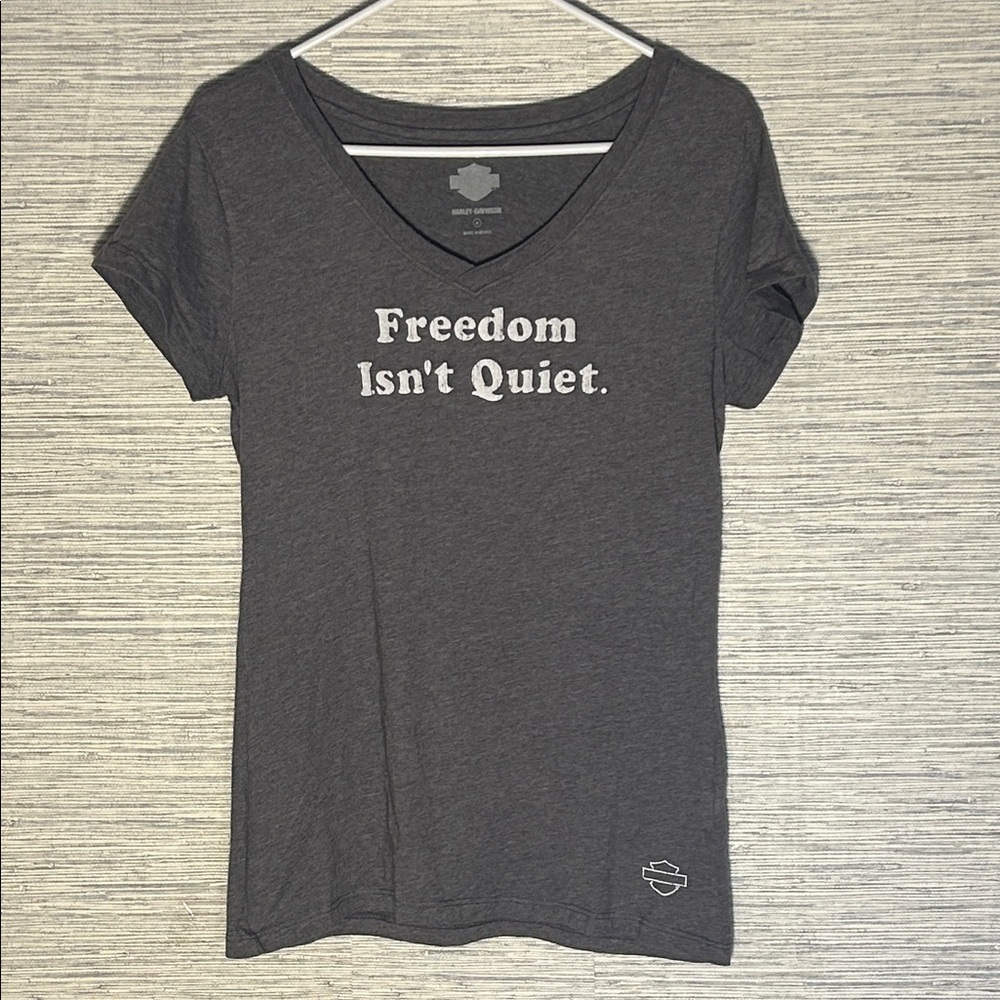 Y2K Dark Gray V-Neck Graphic Tee “Freedom Isn’t Quiet”, M (182)